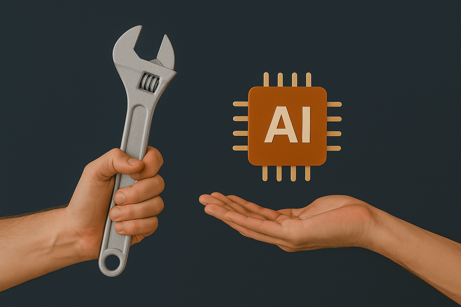 „Realistyczne zdjęcie przedstawiające dwie ręce na ciemnym tle – po lewej ręka trzyma srebrny klucz francuski, po prawej otwarta dłoń podtrzymuje pomarańczowy chip z napisem AI. Symboliczne zestawienie pokazujące, że sztuczna inteligencja to narzędzie wymagające ludzkiej kontroli.”