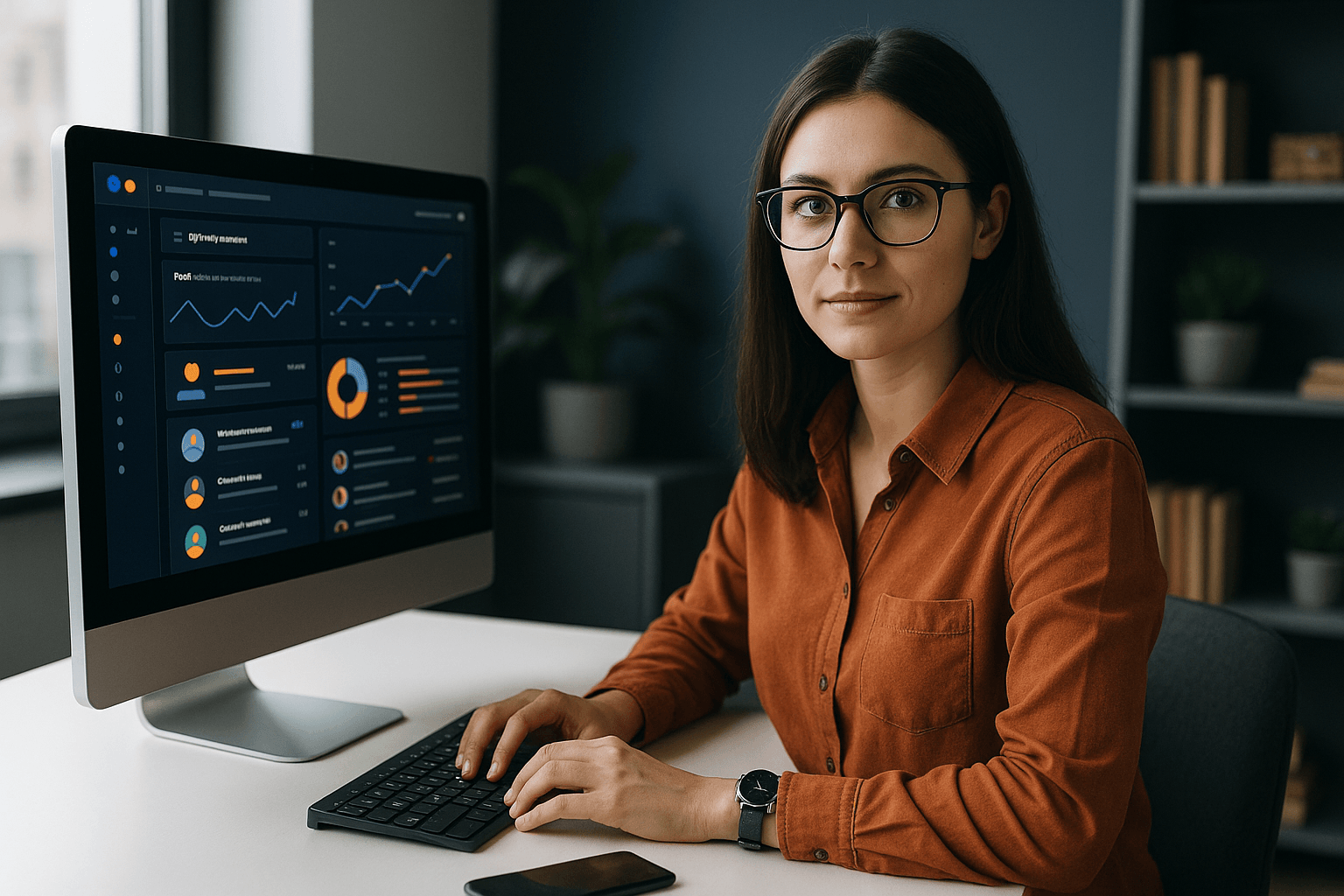 Młoda specjalistka social media pracująca na laptopie z nowoczesnym interfejsem. Przedstawicielka nowej generacji digital marketingu.