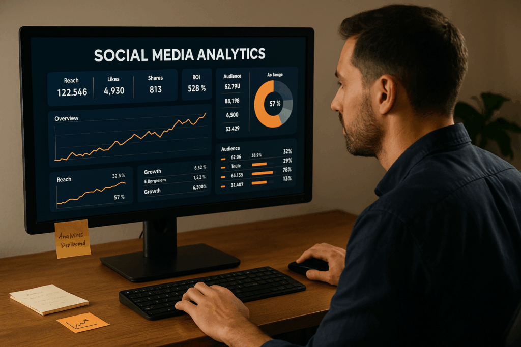 Analityk przy komputerze analizujący dane z social media. Na ekranie wykresy i metryki ROI.