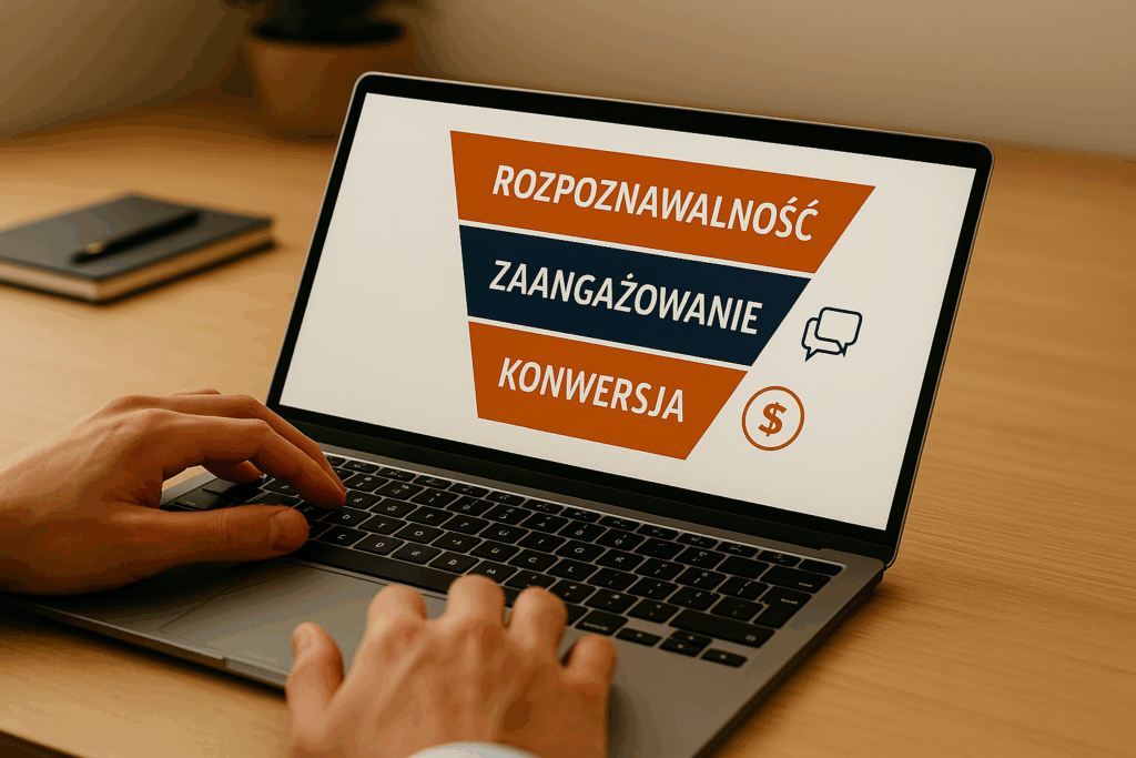 Schemat lejka sprzedażowego z poziomami: rozpoznawalność, zaangażowanie, konwersja – wyświetlony na laptopie.