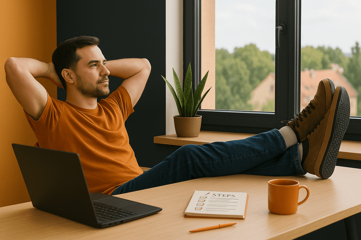 „Freelancer siedzi przy biurku z laptopem, zrelaksowany z nogami na blacie i rękami za głową, patrzy przez okno. Na biurku leżą notatnik z checklistą, długopis i kubek z kawą. W tle zielone drzewa i dachy budynków – scena pełna spokoju, porządku i refleksji.”